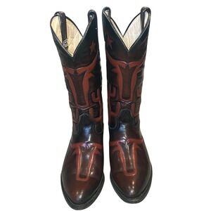 Vintage Brown Leather Cowboy Boots Cactus Longhorn Star Inlay Mens 6.5 Women 8.5